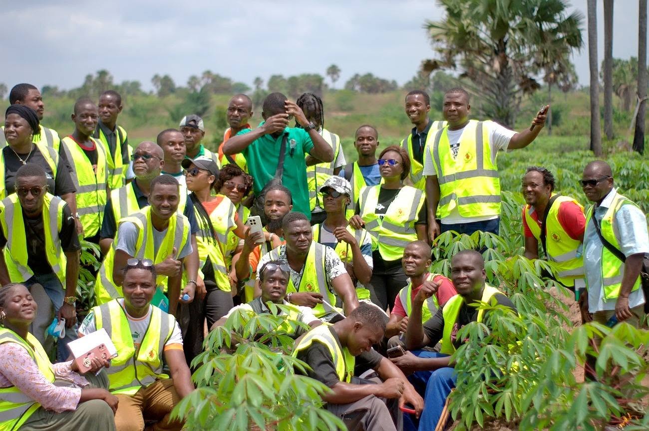 La communauté des producteurs réunie dans un champ de manioc